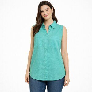Long Tall Sally Green 100% Linen Sleeveless Tunic Blouse Shirt Size 14 Tall
